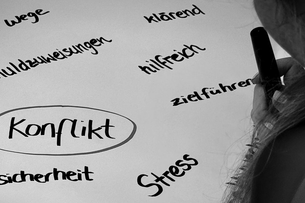 Schwarz-weiße Zeichnung mit Worten zum Thema Konflikt, darunter Stress und Sicherheit.